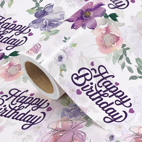 WRAPAHOLIC Birthday Wrapping Paper Roll - Mini Roll - 17 Inch x 16.5 Feet - Happy Birthday with Purple Flower Wrapping Paper for Girls Women, Baby Shower, Wedding in Saudi Arabia