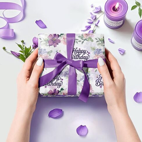 WRAPAHOLIC Birthday Wrapping Paper Roll - Mini Roll - 17 Inch x 16.5 Feet - Happy Birthday with Purple Flower Wrapping Paper for Girls Women, Baby Shower, Wedding in Saudi Arabia