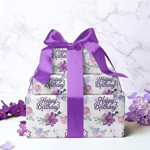 WRAPAHOLIC Birthday Wrapping Paper Roll - Mini Roll - 17 Inch x 16.5 Feet - Happy Birthday with Purple Flower Wrapping Paper for Girls Women, Baby Shower, Wedding in Saudi Arabia