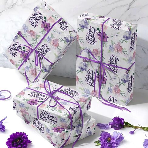 WRAPAHOLIC Birthday Wrapping Paper Roll - Mini Roll - 17 Inch x 16.5 Feet - Happy Birthday with Purple Flower Wrapping Paper for Girls Women, Baby Shower, Wedding in Saudi Arabia