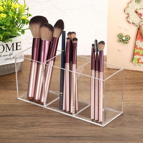 3 Compartments Clear Acrylic Pen Holder, Pencil Holder Pen Organizer Pencil Cup Makeup Brush Holder Square for Countertop Desk, Transparent in Saudi Arabia