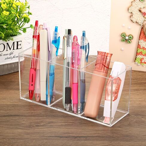 3 Compartments Clear Acrylic Pen Holder, Pencil Holder Pen Organizer Pencil Cup Makeup Brush Holder Square for Countertop Desk, Transparent in Saudi Arabia