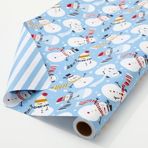 JarThenaAMCS Christmas Wrapping Paper -Mini Roll- 17in x 32.8Ft Blue Stripe Winter Snowmen Double-Sided Gift Wrap Paper for Xmas Holiday Party Wrapping Supplies in Saudi Arabia