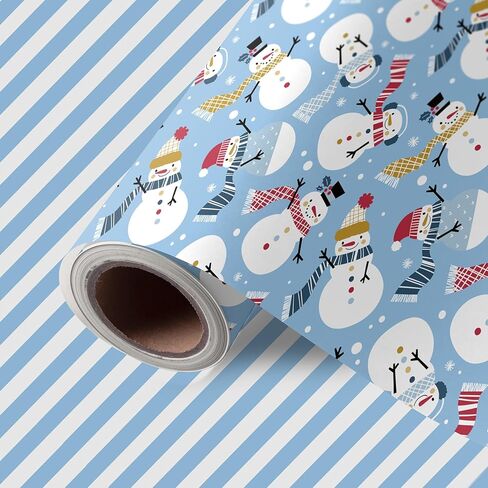 JarThenaAMCS Christmas Wrapping Paper -Mini Roll- 17in x 32.8Ft Blue Stripe Winter Snowmen Double-Sided Gift Wrap Paper for Xmas Holiday Party Wrapping Supplies in Saudi Arabia