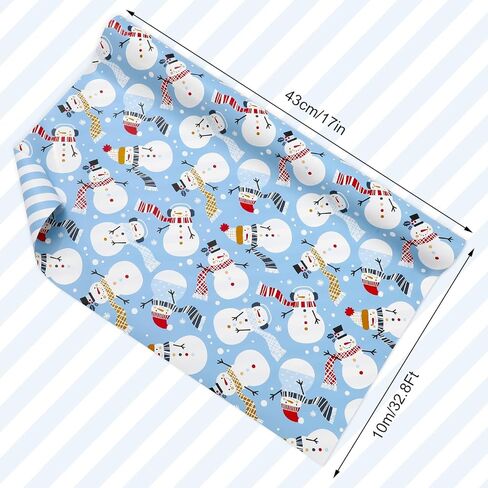 JarThenaAMCS Christmas Wrapping Paper -Mini Roll- 17in x 32.8Ft Blue Stripe Winter Snowmen Double-Sided Gift Wrap Paper for Xmas Holiday Party Wrapping Supplies in Saudi Arabia