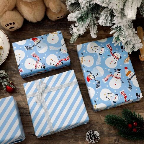JarThenaAMCS Christmas Wrapping Paper -Mini Roll- 17in x 32.8Ft Blue Stripe Winter Snowmen Double-Sided Gift Wrap Paper for Xmas Holiday Party Wrapping Supplies in Saudi Arabia