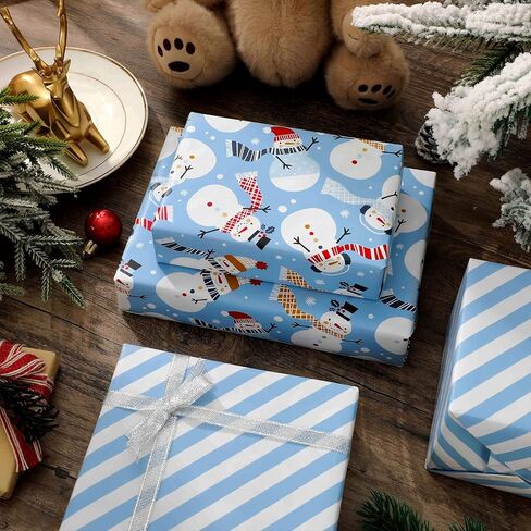 JarThenaAMCS Christmas Wrapping Paper -Mini Roll- 17in x 32.8Ft Blue Stripe Winter Snowmen Double-Sided Gift Wrap Paper for Xmas Holiday Party Wrapping Supplies in Saudi Arabia