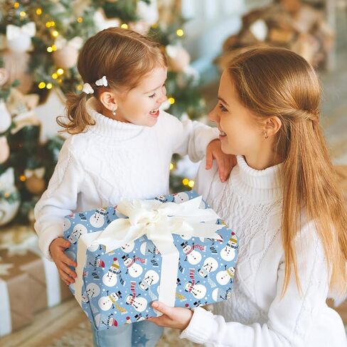 JarThenaAMCS Christmas Wrapping Paper -Mini Roll- 17in x 32.8Ft Blue Stripe Winter Snowmen Double-Sided Gift Wrap Paper for Xmas Holiday Party Wrapping Supplies in Saudi Arabia