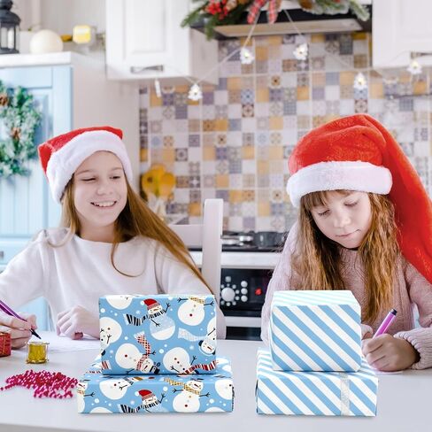JarThenaAMCS Christmas Wrapping Paper -Mini Roll- 17in x 32.8Ft Blue Stripe Winter Snowmen Double-Sided Gift Wrap Paper for Xmas Holiday Party Wrapping Supplies in Saudi Arabia