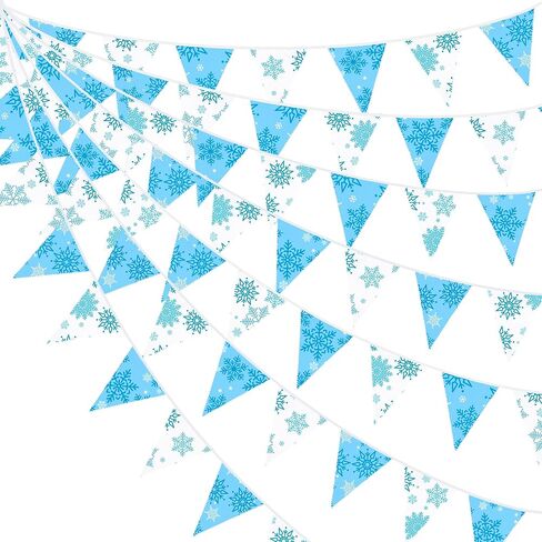 32Ft Blue and White Snowflakes Banner Triangle Flag Pennant Bunting Fabric Garland Streamers for Winter Wonderland Christmas Frozen Birthday X-mas New Years Party Festivals Hanging Decorations in Saudi Arabia