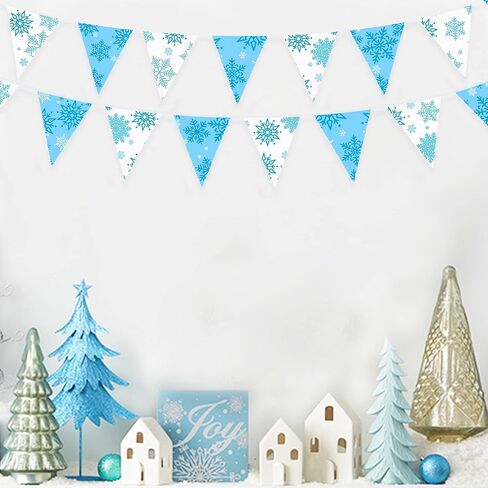 32Ft Blue and White Snowflakes Banner Triangle Flag Pennant Bunting Fabric Garland Streamers for Winter Wonderland Christmas Frozen Birthday X-mas New Years Party Festivals Hanging Decorations in Saudi Arabia