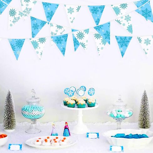 32Ft Blue and White Snowflakes Banner Triangle Flag Pennant Bunting Fabric Garland Streamers for Winter Wonderland Christmas Frozen Birthday X-mas New Years Party Festivals Hanging Decorations in Saudi Arabia