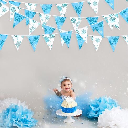 32Ft Blue and White Snowflakes Banner Triangle Flag Pennant Bunting Fabric Garland Streamers for Winter Wonderland Christmas Frozen Birthday X-mas New Years Party Festivals Hanging Decorations in Saudi Arabia