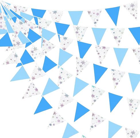 32Ft Blue and White Snowflakes Banner Triangle Flag Pennant Bunting Fabric Garland Streamers for Winter Wonderland Christmas Frozen Birthday X-mas New Years Party Festivals Hanging Decorations in Saudi Arabia