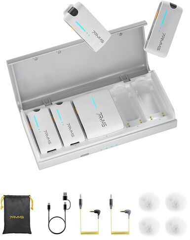 ميكروفون iRay DW40 لاسلكي بأربع قنوات مع علبة شحن، إلغاء الضوضاء، نطاق 656 قدم، عمل 10 ساعات، ميكروفون Lav للكاميرا، iPhone، هاتف Android، تسجيل الفيديو، البث (4TX+1RX) in Saudi Arabia