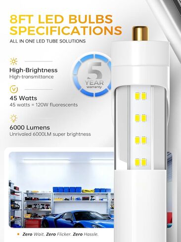 8ft LED Bulbs, 8 Foot LED Tube Light (20 Pack) 45W 6000lm 6500K, Super Bright,T8 Single Pin FA8 Lights, Clear Cover,8 Foot LED Bulbs to Replace T8 T12 T10 Fluorescent Light Bulbs in Saudi Arabia