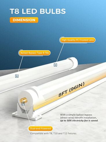 8ft LED Bulbs, 8 Foot LED Tube Light (20 Pack) 45W 6000lm 6500K, Super Bright,T8 Single Pin FA8 Lights, Clear Cover,8 Foot LED Bulbs to Replace T8 T12 T10 Fluorescent Light Bulbs in Saudi Arabia