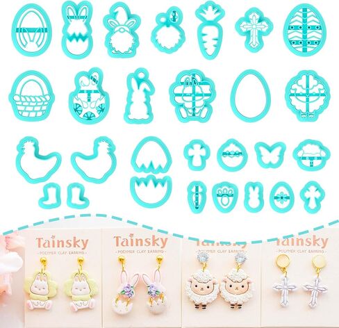 Tainsky Easter Clay Cutters, 26 Shapes Easter Polymer Clay Cutters for Earrings Making, Easter Eggs Polymer Clay Cutters& Studs for Earrings, Rabbit Clay Cutters for Polymer Clay Jewelry (B) in Saudi Arabia