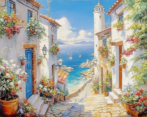 NZNANCHU Sea Paint by Numbers Kits for Adults,Easy Adult Window View Painting by Number on Canvas for Beginner, DIY Watercolor Painting for Gift Home Decor Relax (Seaside Window View-02) in Saudi Arabia