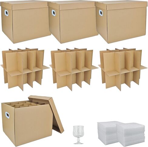 3 Sets Moving Boxes with Two-layer Divider Kits, 16 x 13 x 13 Inch Box with Lid for Glassware Wine Packing Kitchen Moving Box Corrugate Dividers with 72 Pcs Foam Pouches in Saudi Arabia