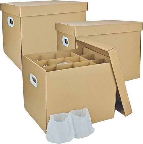 3 Sets Moving Boxes with Two-layer Divider Kits, 16 x 13 x 13 Inch Box with Lid for Glassware Wine Packing Kitchen Moving Box Corrugate Dividers with 72 Pcs Foam Pouches in Saudi Arabia