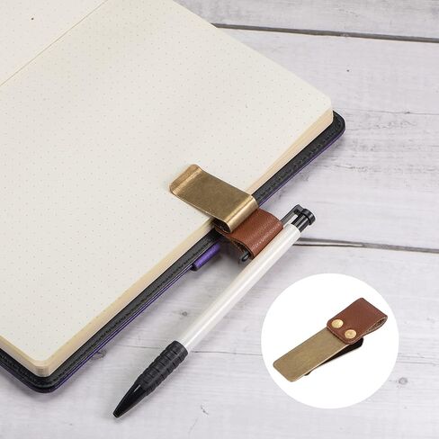 MECCANIXITY 50mm Stainless Steel Clip with PU Leather Pen Loop Pencil Holder for Notebook Journal Diary, Gold Brown Pack of 2 in Saudi Arabia