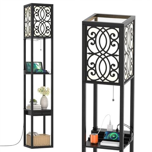 Tangkula floor lamp with Shelves and Drawer, Modern with 1 Power Outlet and 2 USB Ports, Standing for Living Room and Bedroom, Black (Carved) in Saudi Arabia
