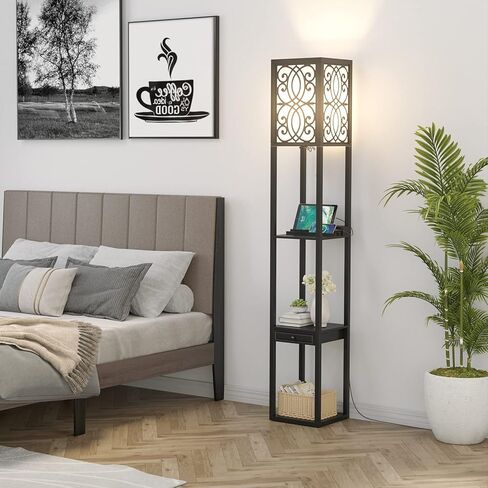 Tangkula floor lamp with Shelves and Drawer, Modern with 1 Power Outlet and 2 USB Ports, Standing for Living Room and Bedroom, Black (Carved) in Saudi Arabia