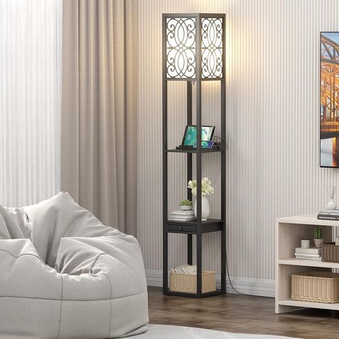 Tangkula floor lamp with Shelves and Drawer, Modern with 1 Power Outlet and 2 USB Ports, Standing for Living Room and Bedroom, Black (Carved) in Saudi Arabia