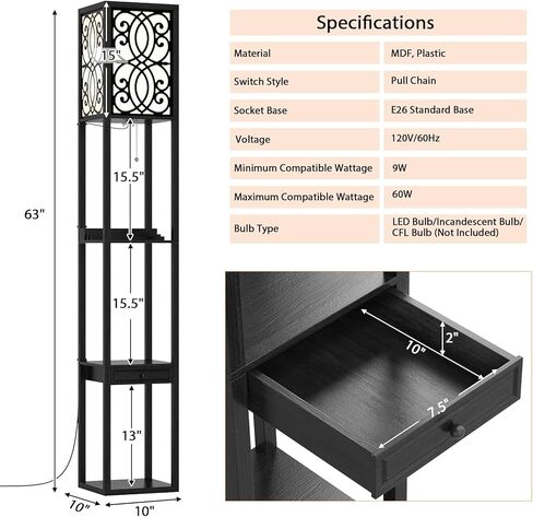 Tangkula floor lamp with Shelves and Drawer, Modern with 1 Power Outlet and 2 USB Ports, Standing for Living Room and Bedroom, Black (Carved) in Saudi Arabia