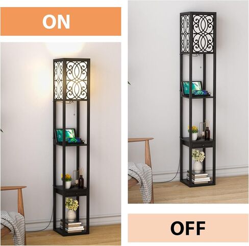 Tangkula floor lamp with Shelves and Drawer, Modern with 1 Power Outlet and 2 USB Ports, Standing for Living Room and Bedroom, Black (Carved) in Saudi Arabia