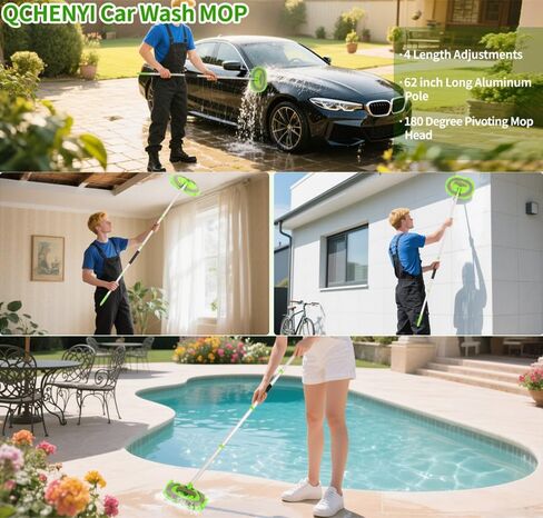 62 Inch Car wash Brush with Long Aluminum Pole, Car Wash Brush Microfiber Car Cleaning Brush Kit, Washing Mop Kit of Scratch-Free Replacement Head for Car, RV Truck ,(Green) in Saudi Arabia