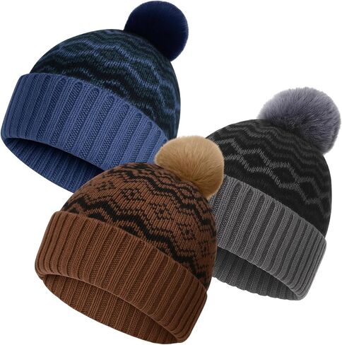 Christmas Pom Pom Beanie Hats for Men Women Winter Warm Nordic Pattern Hat Thick Skull Cap Christmas Knit Beanie in Kuwait