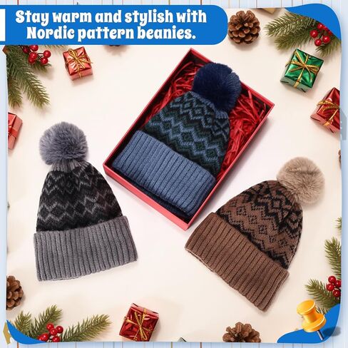 Christmas Pom Pom Beanie Hats for Men Women Winter Warm Nordic Pattern Hat Thick Skull Cap Christmas Knit Beanie in Kuwait