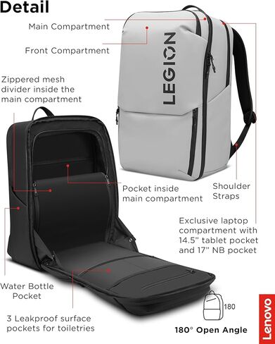 حقيبة ظهر للكمبيوتر المحمول Lenovo Legion Gaming GB800، سعة 21 لتر، تناسب أجهزة الكمبيوتر المحمول مقاس 17 بوصة، مقاومة للماء، ثلاثة أقسام رئيسية و19 جيبًا مخصصًا، رمادي فاتح in Kuwait