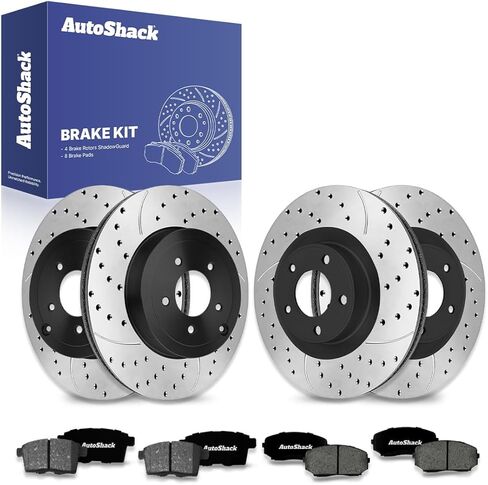 AutoShack Front & Rear Drilled & Slotted Brake Rotors Ceramic Brake Pads Replacement for 2007-2010 Ford Edge 2007-2010 Lincoln MKX 3.5L V6 AWD FWD E-Coated 12-PC Brake Kit ShadowGuard in Saudi Arabia