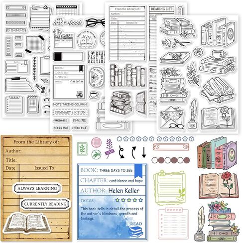 GLOBLELAND 4 Sheets Books Library Card Clear Stamp for Scrapbooking Calendar Silicone Stamps Books Read Transparent Stamp Set for Card Making DIY Embossing Journaling in Saudi Arabia