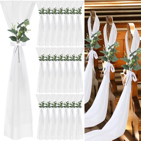 24 Sets Wedding Aisle Decorations for Wedding Ceremony Chiffon Chair Sashes with Ribbons and Artificial Eucalyptus Stem Decor for Wedding Church Chair Aisle Bulk Decorations in Saudi Arabia