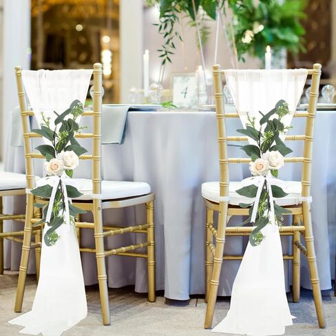 24 Sets Wedding Aisle Decorations for Wedding Ceremony Chiffon Chair Sashes with Ribbons and Artificial Eucalyptus Stem Decor for Wedding Church Chair Aisle Bulk Decorations in Saudi Arabia