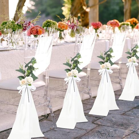 24 Sets Wedding Aisle Decorations for Wedding Ceremony Chiffon Chair Sashes with Ribbons and Artificial Eucalyptus Stem Decor for Wedding Church Chair Aisle Bulk Decorations in Saudi Arabia