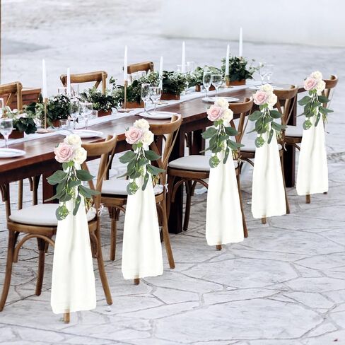 24 Sets Wedding Aisle Decorations for Wedding Ceremony Chiffon Chair Sashes with Ribbons and Artificial Eucalyptus Stem Decor for Wedding Church Chair Aisle Bulk Decorations in Saudi Arabia