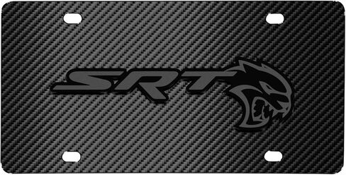 صورة iPick لشعار Dodge SRT Hellcat ثلاثي الأبعاد باللون الرمادي الداكن على لوحة ترخيص من الفولاذ المقاوم للصدأ بنمط ألياف الكربون الأسود - مرخصة رسميًا in Saudi Arabia