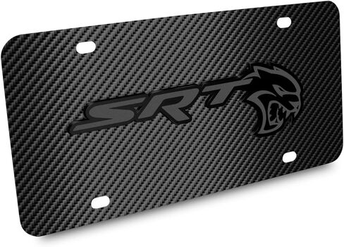 صورة iPick لشعار Dodge SRT Hellcat ثلاثي الأبعاد باللون الرمادي الداكن على لوحة ترخيص من الفولاذ المقاوم للصدأ بنمط ألياف الكربون الأسود - مرخصة رسميًا in Saudi Arabia