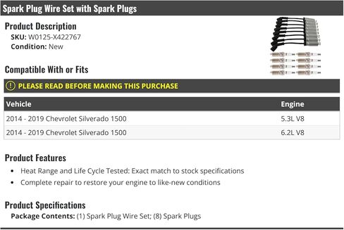 Spark Plug Wire and Spark Plug Kit - 16-Piece - Compatible with 2014-2019 Chevy Silverado 1500 5.3L 6.2L V8 in Saudi Arabia