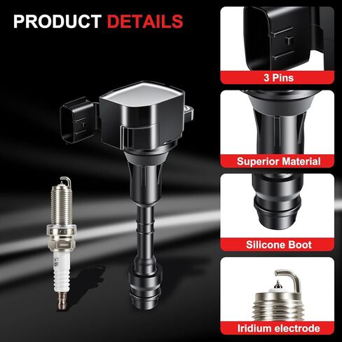 حزمة ملف الإشعال وشمعات الإشعال إيريديوم متوافقة مع إنفينيتي FX35، G35، M35، I35، QX4 ومتوافقة مع نيسان 350Z، ألتيما، ماكسيما، فرونتير، باثفايندر، كويست، إكستيرا، OE# UF401 6708 in Saudi Arabia
