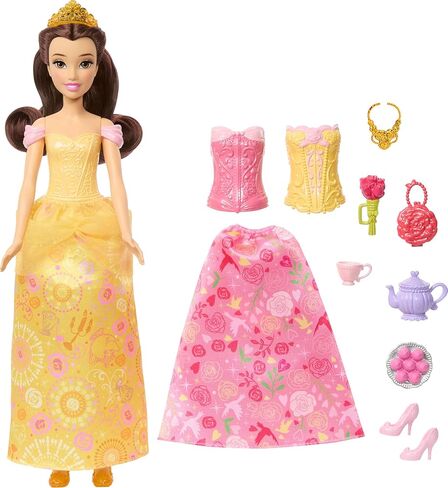 Mattel Disney Princess Toys, Belle Fashion Doll with 2 Looks, 9 Accessories, 2 Snap-On Bodices & 2 Skirts, 2-in-1 Stories Inspired by Movie in Kuwait