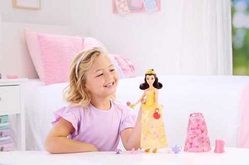 Mattel Disney Princess Toys, Belle Fashion Doll with 2 Looks, 9 Accessories, 2 Snap-On Bodices & 2 Skirts, 2-in-1 Stories Inspired by Movie in Kuwait