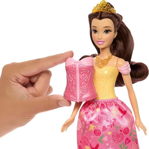Mattel Disney Princess Toys, Belle Fashion Doll with 2 Looks, 9 Accessories, 2 Snap-On Bodices & 2 Skirts, 2-in-1 Stories Inspired by Movie in Kuwait