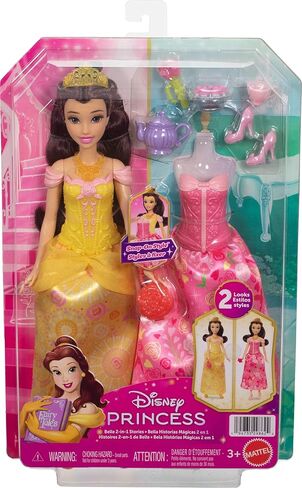 Mattel Disney Princess Toys, Belle Fashion Doll with 2 Looks, 9 Accessories, 2 Snap-On Bodices & 2 Skirts, 2-in-1 Stories Inspired by Movie in Kuwait