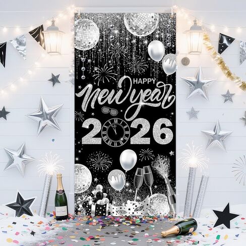 2026 Happy New Year Door Cover Banner Black and Sliver Photography Background New Years Eve Party Decoration Backdrop Holiday Party Hanging Poster Background Banner 35.4x70.8inch in Saudi Arabia